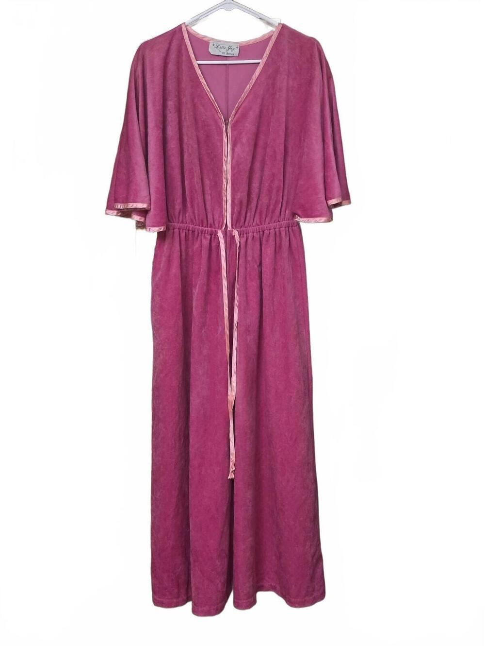 Vintage 1970s Leslie Joy by St. James Pink Velour Butterfly Sleeve Maxi Gown